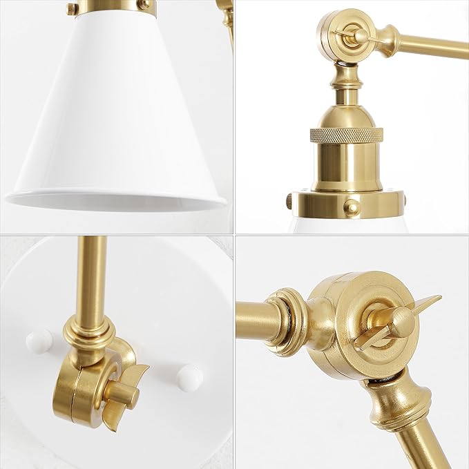 JONATHAN Y JYL7462B Rover 7" Classic Industrial Metal Adjustable Arm LED Wall Sconce, White/Brass Gold for Bedroom, Bathroom, Vanity