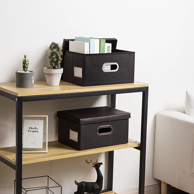 PRANDOM Collapsible Storage Box with Lid [1-Pack] Leather Fabric Foldable Storage Bin Organizer Container Basket Cube with Cover for Home Bedroom Closet Office Nursery Black (13.6x9.6x6.9)