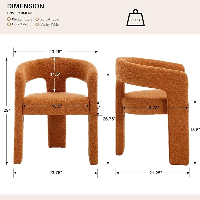 Orange Sherpa Dining Chairs Set of 4, Modern Barrel Dining Room Chairs Upholstered Faux Fur Accent Chair with Arms and Round Back for Living Room Kitchen Armchair No Assembly Needed