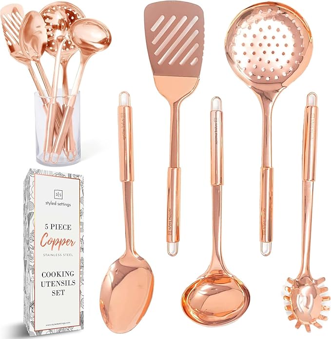 Copper Cooking Utensils Set – 5-Piece Rose Gold Stainless Steel Kitchen Tools for Cooking and Serving Includes Ladle, Spoon, Pasta Fork, Spatula, and Skimmer – Stylish Copper Kitchen Accessories