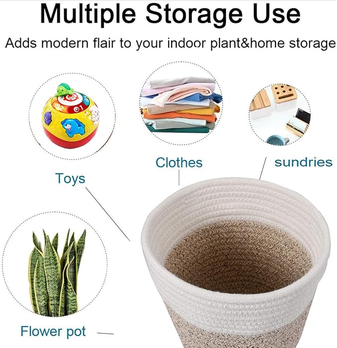 Cotton Rope Plant Basket Modern Woven Basket for 6" Flower Pot Floor Indoor Planters,Rustic Home Decor Storage Organizer H6 3/4" x W6 1/2"