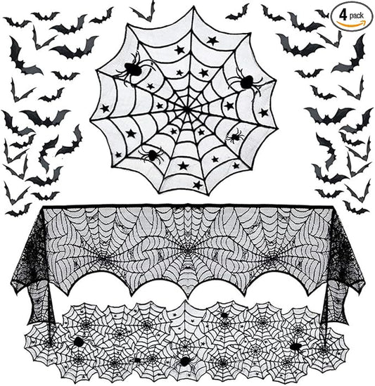 Hommtina 4 Pack Halloween Decorations Tablecloth Runner Black Lace Round Spider Cobweb Table Cover Fireplace Mantel Scarf Spiderweb with 60 Pcs 3D PVC Scary Black Bat Sticker Halloween Party Supplies