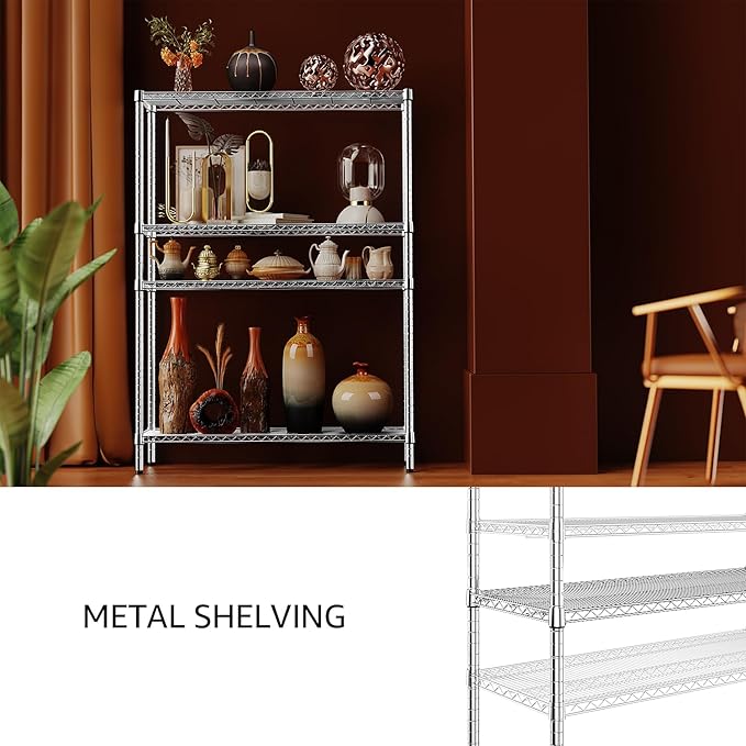 IZEUK 3400 LBS Garage Shelving Wide Storage Shelves 4 Tier Metal Shelves Heavy Duty Adjustable Utility Shelf Rack Chrome 17.7" D x 47.2" W x 70.4" H