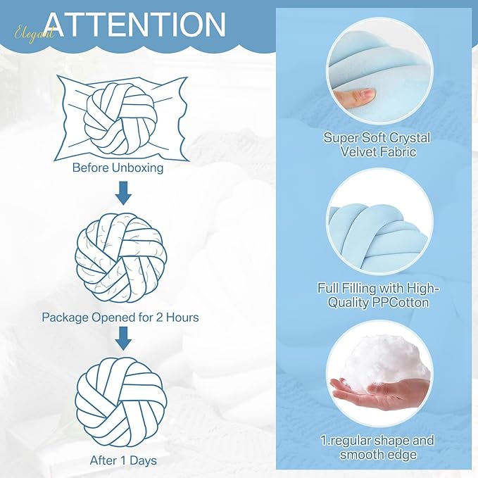 Fumete 2 Pcs 14 Inches Knot Pillow Round Throw Soft Plush Knot Ball Pillow Handmade Knotted Modern Home Decorative Cushion for Bed Bedroom, Sofa, Couch (Sky Blue)