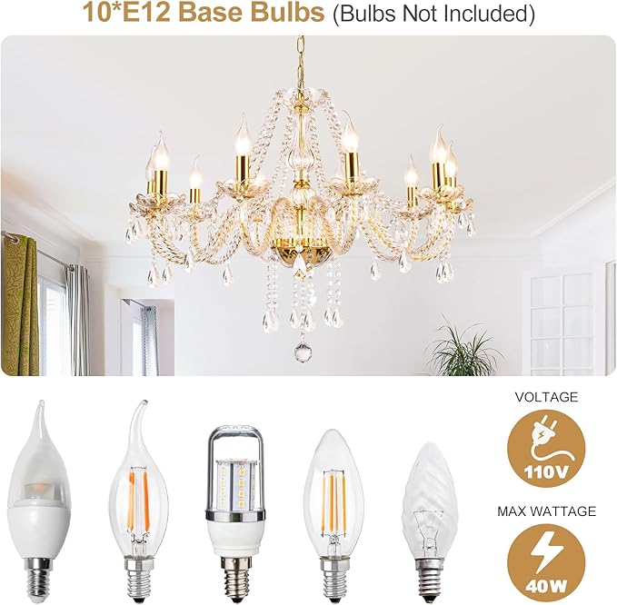 Modern Elegant 10 Lights K9 Crystal Glass Chandelier Golden Pendant Ceiling Lighting European Style for Dining Living Room Bedroom Transparent, 10 E12 Bulbs Required