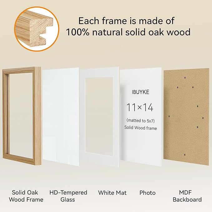 IBUYKE 11 x14 Picture Frame,Solid Oak Wood 11x14 Photo Frame with Mat to 8x10,11x14 Picture Frames With Tempered Glass,Wall Mount Display,Home Decor,Natural Oak 14 x 11 Frame,UWPF1114N