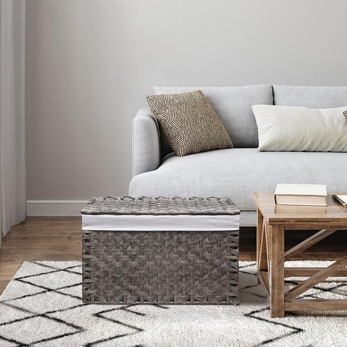 Wicker Storage Basket with Lid, 42.3 Gallon (160L) Large Blanket Basket with Lid, Woven Storage Bin with Handles, Removable Liner, Metal Frame, Foldable, for Bedroom, Laundry Room, Grey