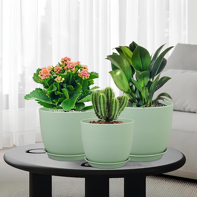Medium Plant Pots 10/9/8 inch, Flower Pots for Indoor Outdoor Plants, Set of 3 Modern Decorative Plastic Planters with Drainage Holes and Saucers for House Porch Garden Plants, Green