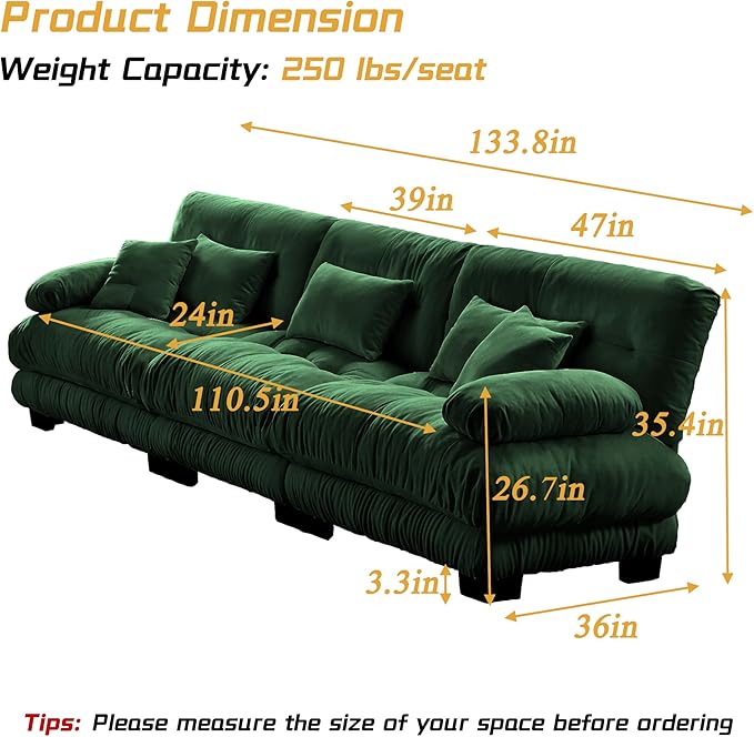 Modular Sectional Sofa, Comfy Cloud Couch 3 Seater Couch, Sectional Couches for Living Room, Modern Chenille Oversized Couches for Bedroom, Sleeper Deep Seat Sofa with Throw Pillows, Green