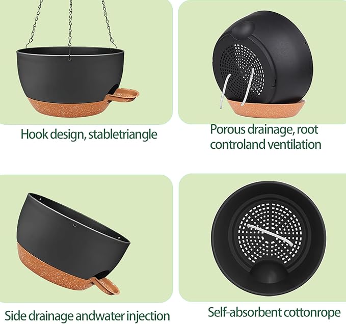 2 Pack Hanging Planters for Indoor Outdoor Plants, 12 Inch Self Watering Hanging Pot with Drainage Holes and Saucer, Plastic Plant Pots, Black Brown Flower Pots for Kitchen, Balcony, Garden