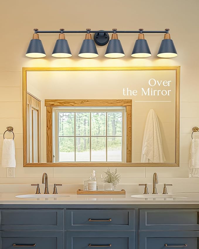 FEMILA Vintage Bathroom Light Fixtures, 45.3" Vanity Lighting Fixtures Over Mirror, 6 Light Vanity Light, Blue Finish, 4FG59B-6W Blue
