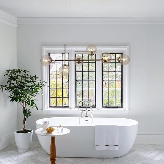 KCO Lighting Mid Century Modern Rectangle Light Fixture 6-Light Glass Globe Linear Chandelier Brushed Nickel Pendant Light Fixture Adjustable Kitchen Island Lighting (Silver+Amber)