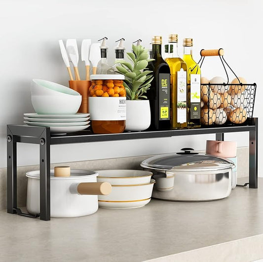 Expandable Cabinet Shelf Organizer 16-26" L Stackable Kitchen Counter Shelf Rack Sink Riser Countertop Storage Black (Normal 7.9”D)