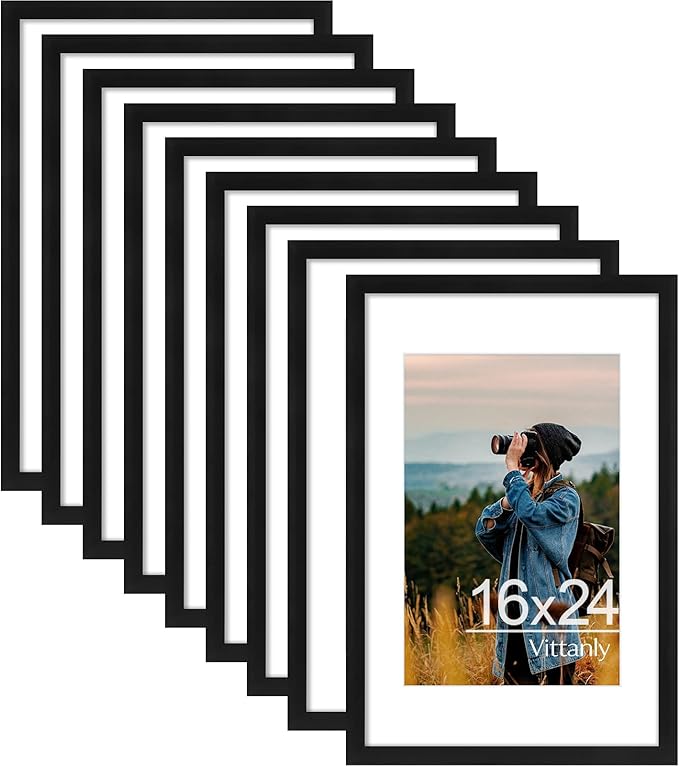 Vittanly 16x24 Picture Frames Set of 9, Shatter Resistant Plexiglass, Display 12x18 Pictures with Mat or 16x24 without Mat, Photo Frames for Wall or Tabletop, PVC Frame, Black