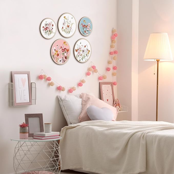 Qunclay 5 Pcs Wall Art Decor Wooden Living Room Wall Decor Bohemian Hanging Farmhouse Geometric 10'' and 8'' Aesthetic Wood Minimalist Posters for Bedroom(Wild Flower)