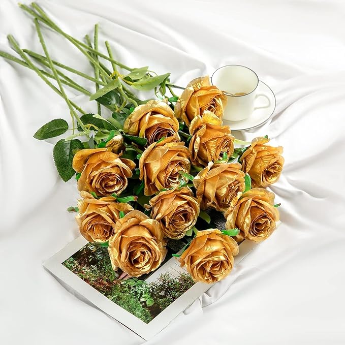 Gold Fake Roses Artificial Flowers - 10 Pcs Fake Artificial Roses Silk Flowers with Stems for Home Wedding Hotel Office Centerpiece Decor
