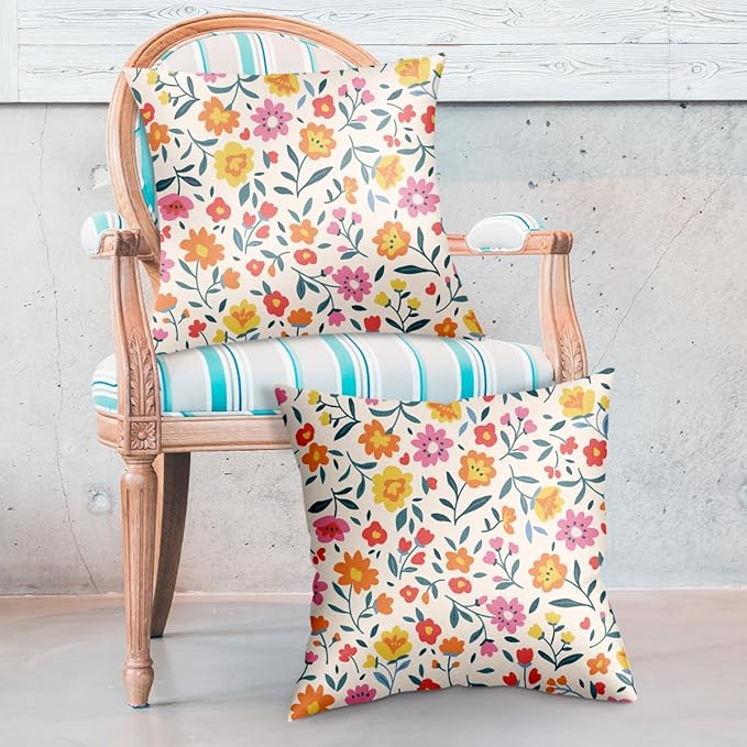 2 Pack Retro Cute Wildflowers Decor Throw Pillow Covers, 18x18 Pillow Cover, Decorative Couch Pillow Covers Flower Decor Pillowcase for Sofa Cushion Sofa Home Bedroom Chair Bed Car Seat Living Room