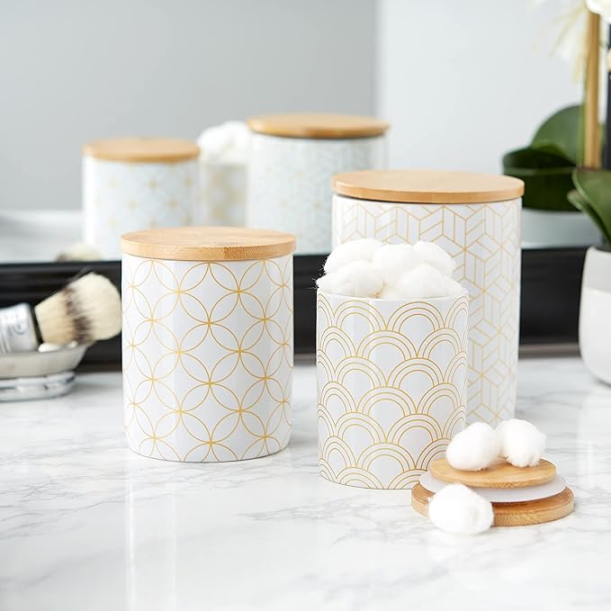 DII Kitchen Ceramics Collection, Canister Set, Mixed Print, White/Gold, 3 Piece