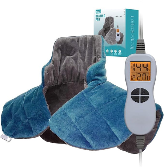 Ruqiji 19" x 24" Weighted Neck&Shoulder Heating Pad, 2.5lbs with 12 Temperature Settings&Countdown timer,Pain Relief for Neck/Shoulders/Menstrual Pain, Christmas Gifts for Women Men Mom Dad(Gray/Blue)