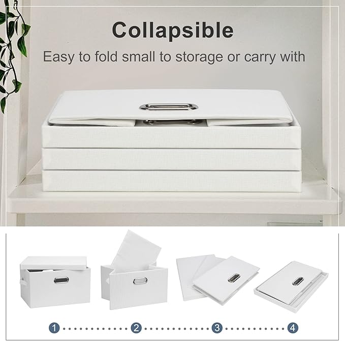 Medium 15" 21 Quart Collapsible Stackable Storage Bins with Lids, 5 Packs White Foldable Fabric Closet Storage Boxes with Lids, Lidded Heavy-duty Linen Baskets(15x11x8)