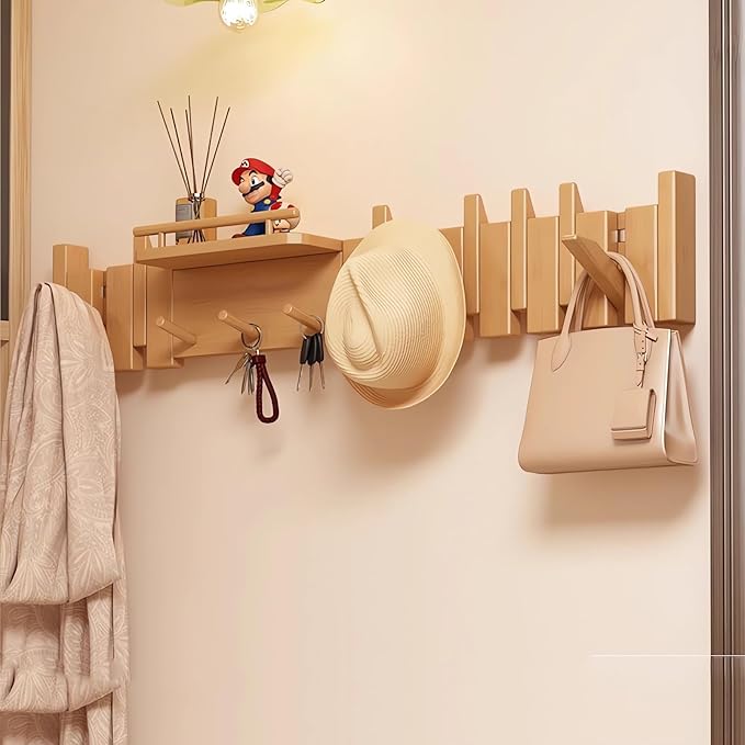Wall Mounted Piano Key Hanger | Flip Style Hook | Entrance Wall Art Hook, Made of Oak Wood (3 Times Painted, 4 Times Polished) (Fence Beech, 12Hooks)