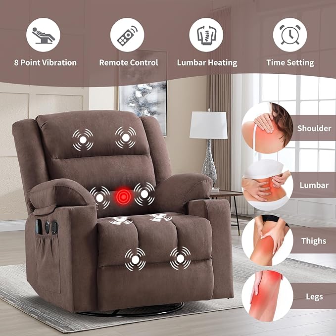 Rocker Recliner Chair with Heat and Massage, 360° Swivel Recliner Chairs for Adults, Heavy Duty Reclining Sofa Chair with USB Port Cup Holders Side Pockets for Living Room (Brown)