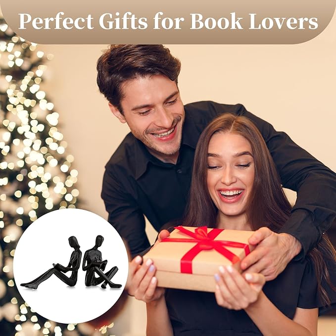 Sziqiqi Book Ends for Shelves Decorative - Cast Iron Bookends for Books Reading Couple Bookshelf Decorative Objects Metal Modern Statue Sculpture Gift for Readers Book Lovers Nerd