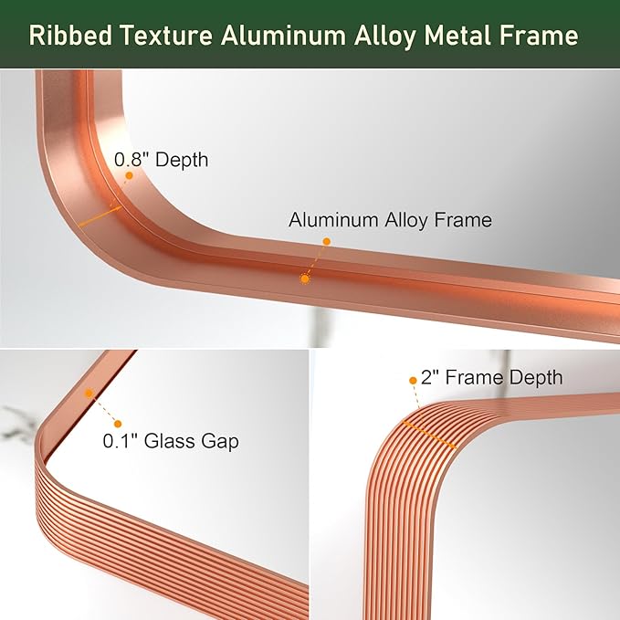 65 x 22 Inch Full Length Floor Mirror, Rose Gold Wall Mounted Full Body Mirror with Aluminum Alloy Brushed Ribbed Texture Frame, Tall Floor Mirror for Living Room/Entryway/Bedroom