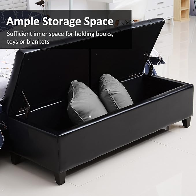 HOMCOM 51" Ottoman Storage Bench, Faux Leather Storage Chest with Lift Top, Tufted Ottoman for Living Room, Entryway, Black