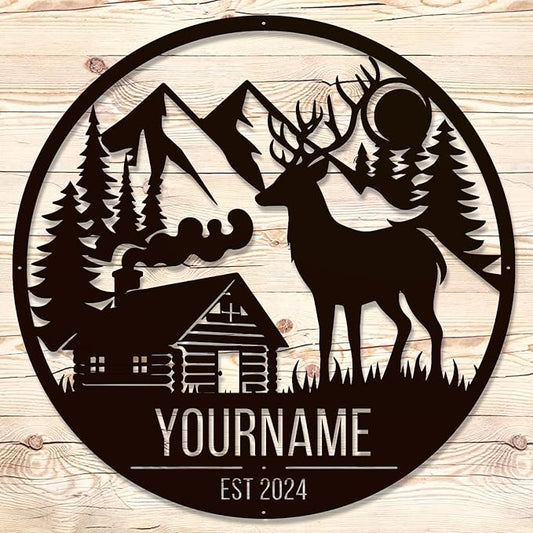Personalized Deer Forest Name metal Signs,Custom Shed Metal Wall Decor,Black Deer Metal Wall Art Decor,Deer Home Metal Signs Plaques,Outdoor wall Decorative Signage (Style B)