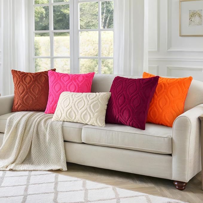 decorUhome Fall Throw Pillow Covers 24x24 Inch Set of 2, Soft Plush Decorative Faux Fur Orange Solid Couch Pillow Covers, Accent Farmhouse Neutral Square Euro Pillow Cases for Sofa Bed Living Room