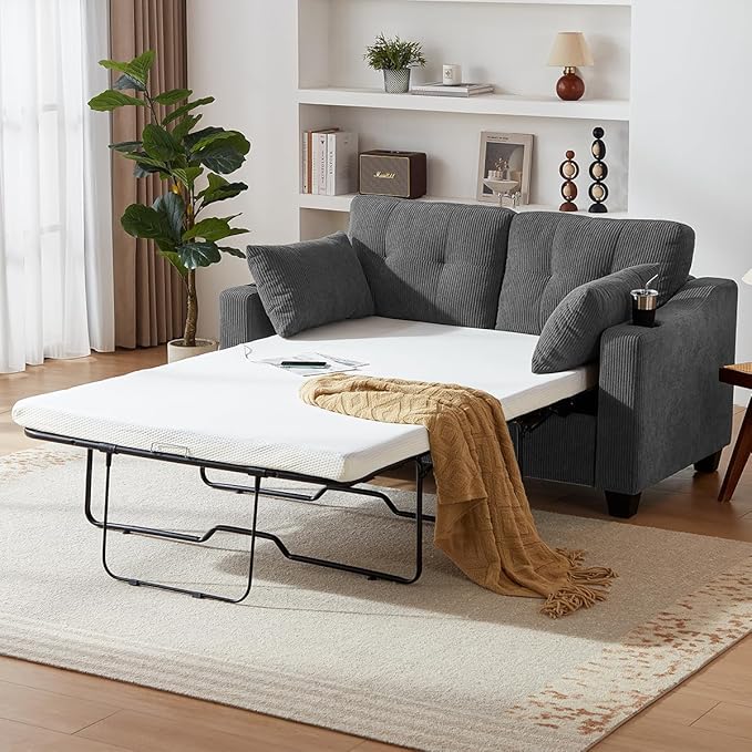 Pull Out Sofa Bed, Full Size Sleeper Sofa, 2-in-1 Convertible Corduroy Couch with USB Charging, Memory Form Couch for Living Room, Apartment and Small Space (Dark Grey, Corduroy - Full Size)
