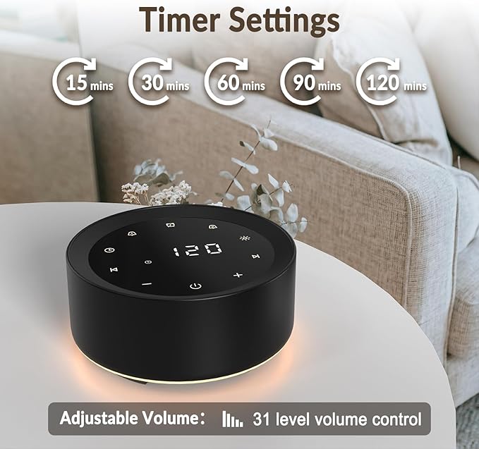 White Noise Sound Machine Alarm Clock 7 Colors Night Light Sound Machine for Adult/Baby 20 Soothing Sounds 31 Level Volume 6 Level Screen Brightness 5 Timer Set Memory Function Touch Control