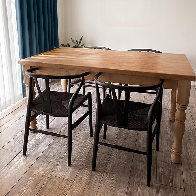Wishbone Chair Natural Solid Wood Dining Chair/Hans Wegner Y Chair Rattan and Wood Accent Armrest Chairs Set of 4 (Ash Wood + Black 4 Chairs)