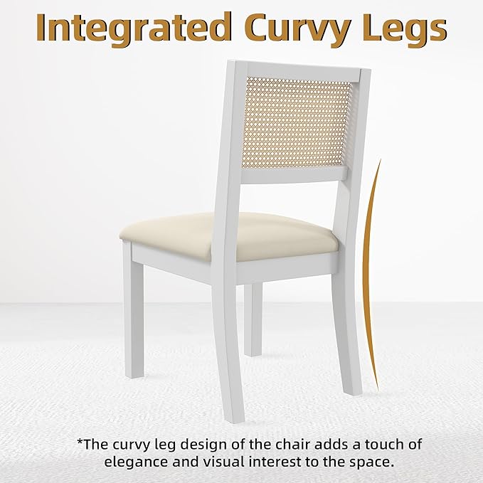 Westice Rattan Dining Chairs Set of 4, Farmhouse Natural Dining Room Chairs with Upholstered Cushion, Wood Armless Chairs for Kitchen/Restaurant, White