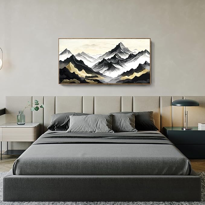 amatop Framed Extra Large Wall Art for Office Abstract Mountain Motivational Canvas Print Black and White Landscape Picture Zen Nature Giant Artwork for Contemporary Living Room Bedroom Decor 58x29 Inch