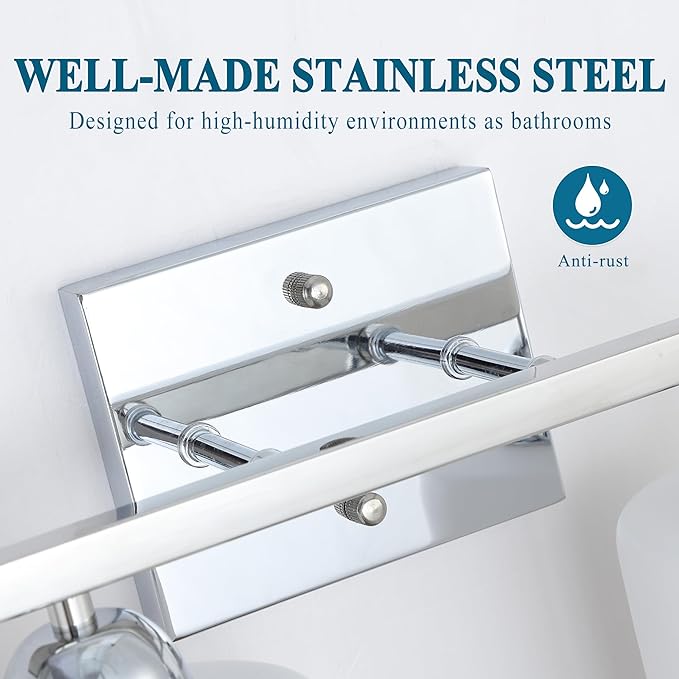Stainless Steel Milk Glass Vanity Lights for Bathroom, 3 Light Chrome Bathroom Light Fixtures Over Mirror, Ceramic E26 Sockets Wall Mounted