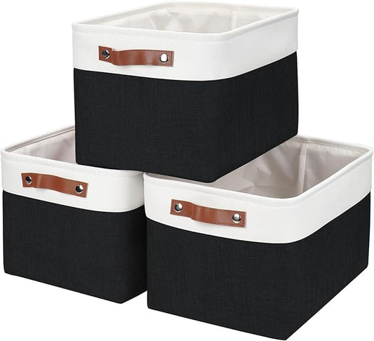 Storage Bins Large Fabric Storage Baskets for Shelves 3 Pack, Decorative Linen Closet Baskets with Handles for Organizing, Shelf, Clothes, Home, Office, 15x11x9.5Inches (Black&White)
