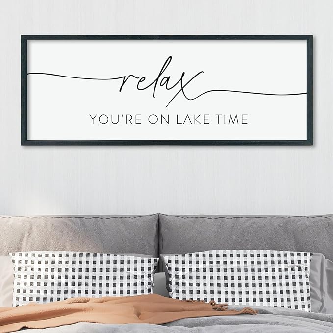 Relax You're On Lake Time Sign Wall Decor 40"×15" Lake House Bedroom Large Wood Framed Hanging Wall Art (Black)