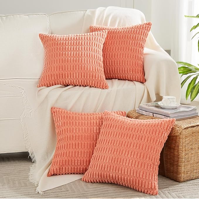 Fancy Homi 4 Packs Boho Coral Decorative Throw Pillow Covers 16x16 Inch for Living Room Couch Bed Sofa, Rustic Modern Farmhouse Home Decor, Soft Plush Corduroy Peach Cute Square Cushion Case 40x40 cm