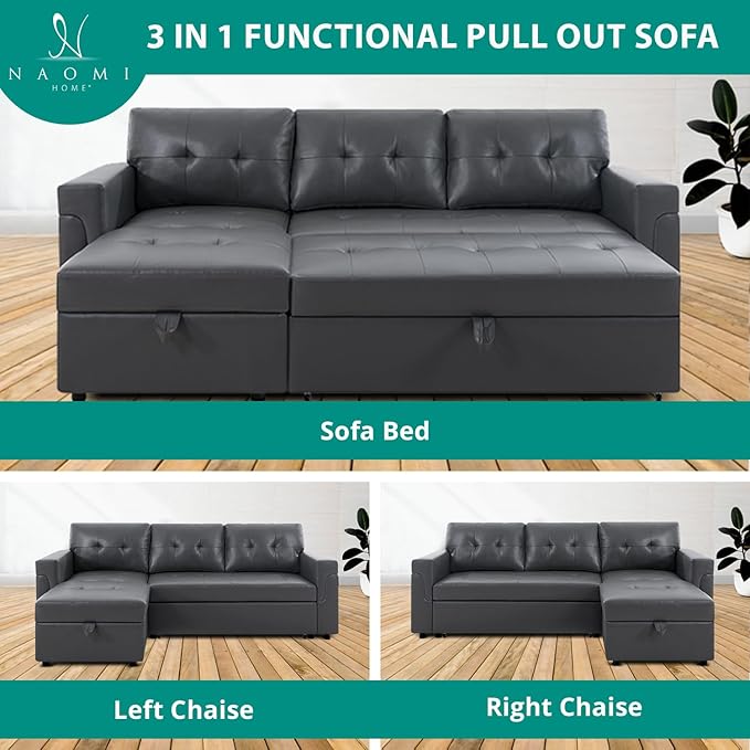 Naomi Home Transform Any Space: Sleeper Sectional Sofa with Convertible Sofa Bed & Inviting Chaise. Find Tranquil Comfort with Stress-Relieving Design & Durable Cushions - Dark Gray/Air Leather