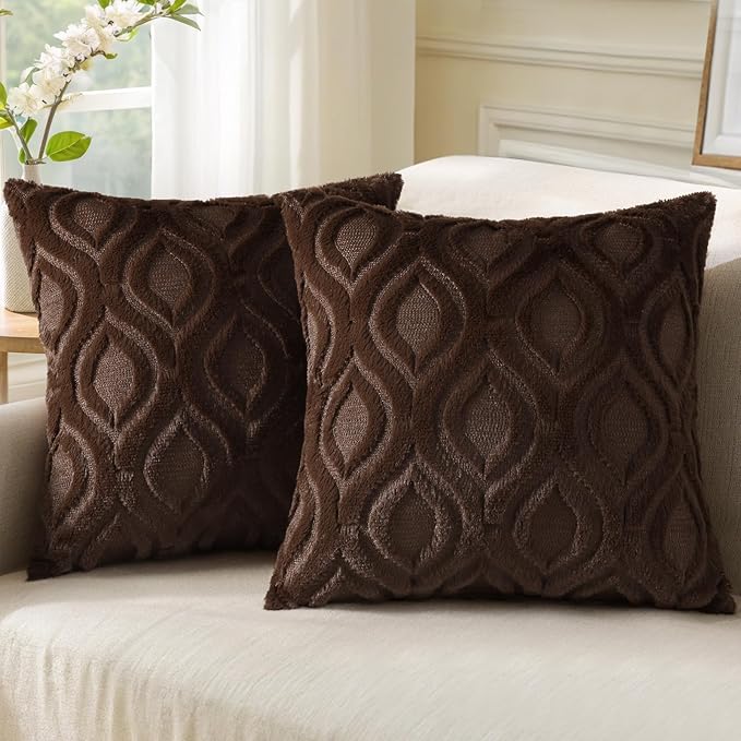 decorUhome Throw Pillow Covers 16x16 Inch Set of 2, Soft Plush Decorative Faux Fur Dark Brown Solid Couch Pillow Covers, Accent Farmhouse Neutral Square Euro Pillow Cases for Sofa Bed Living Room