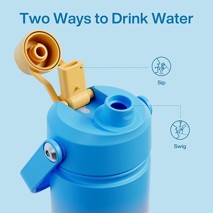 Kids Insualated Water Bottle with Straw - 12oz Stainless Steel Water Bottle with Dual Spouts, Leak-Proof, BPA-Free, Double Wall Vacuum Keeps Cold for 24 Hours for Sports, Travel, School (Sunny Breeze)