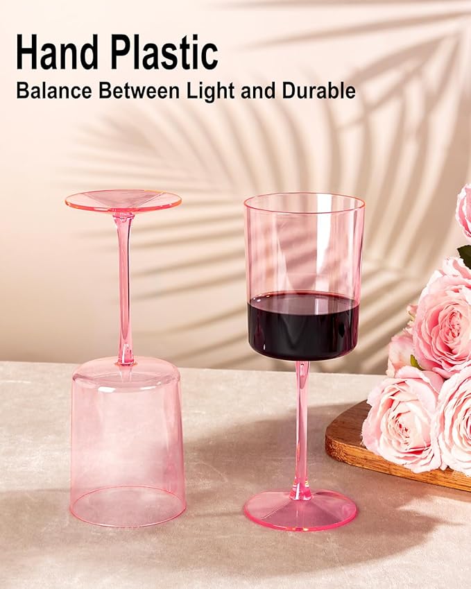 Ciaell 12 Pack Pink Plastic Wine Glasses - 10 Oz Disposable Wine Glasses with Stem for Parties & Weddings & Poolside & Outdoors & Camping