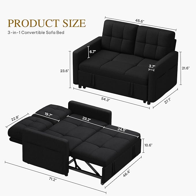 YITAHOME 55" Convertible Sofa Bed, 3-in-1 Sleeper Sofa with Iron Frame Pull-Out Bed, Linen Futon Couch with Reclining Backrest and Side Pocket, Modern Loveseat for Living Room Bedroom Apartment, Black