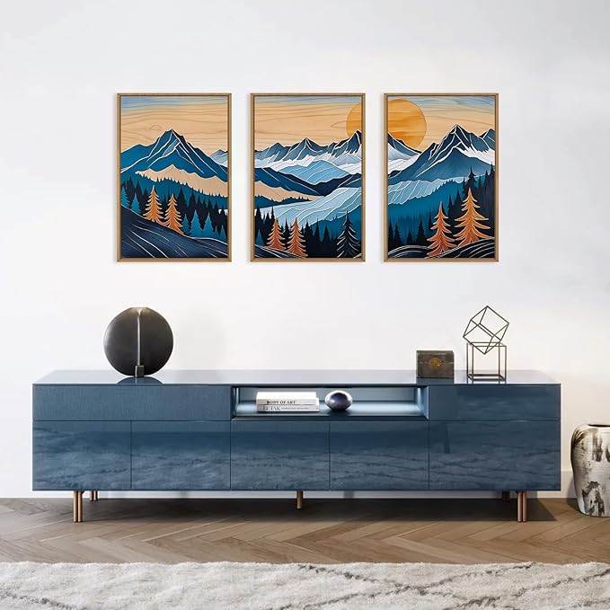 Blue Woodcut Mountain Framed Canvas Wall Art Set, Boho Abstract Ridge Wall Decor, Pine Tree Landscape Wall Painting, Sunrise Forest Art Print for Living Room, Bedroom, Office - 16"X24"X3