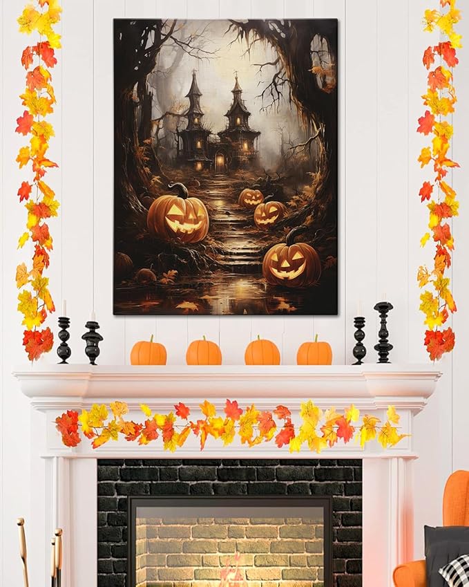 AbcCustomize Halloween Canvas Wall Art - Spooky Haunted House & Eerie Pumpkins Poster, Gothic Fall Decorations for Home, Vintage Halloween Decor Indoor for Living Room, Bedroom & Party