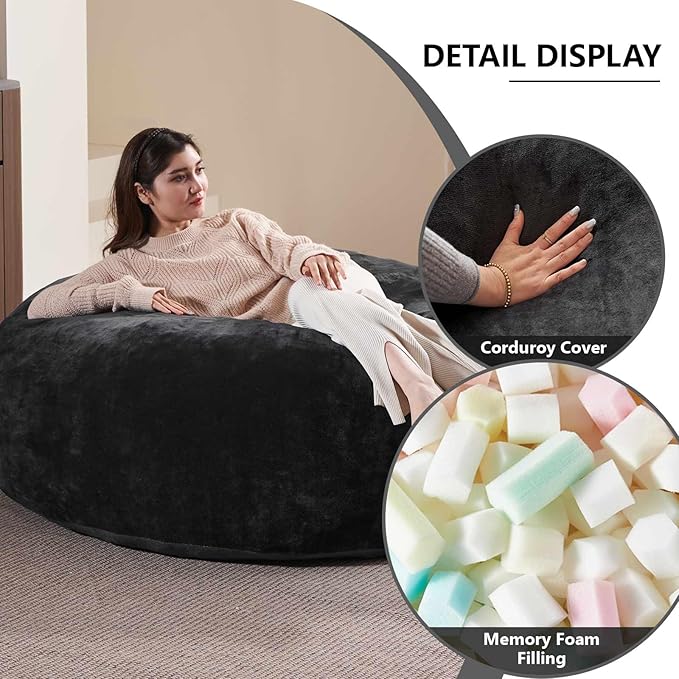 4FT Large Bean Bag Chairs,Big Adult Size Memory Foam Beanbags with Filler Included,Machine Washable Corduroy Cover,Ultra Soft Plush Gaming Bing Bag Puff Chair for Dorm, Living Room & Bedroom (Black)