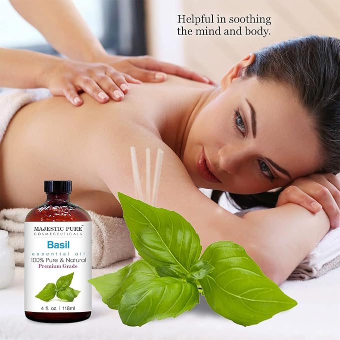 Majestic Pure Basil Essential Oil with Glass Dropper - Huge 4 Fl Oz - 100% Pure and Natural Basil Oil - Premium Grade Essential Oils for Diffuser, Aromatherapy, Soap and Candle Making
