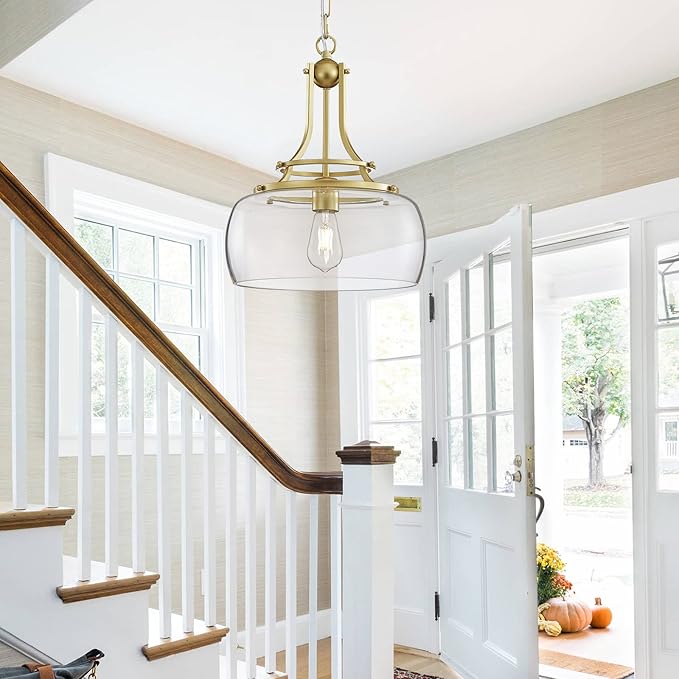 WUZUPS Chandelier Rustic Farmhouse Industrial Round Ceiling Pendant LED Light Fixture with Clear Glass Shades for Dining Room Kitchen Island Foyer Entryway, H 17" x W 13.4", E26 Base, Gold